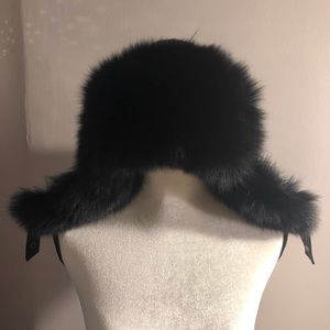 Genuine black leather and fox fur hat